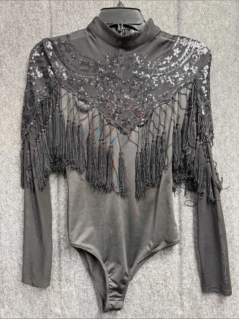 Banjul Black Sequin Fringe Long-Sleeve Bodysuit